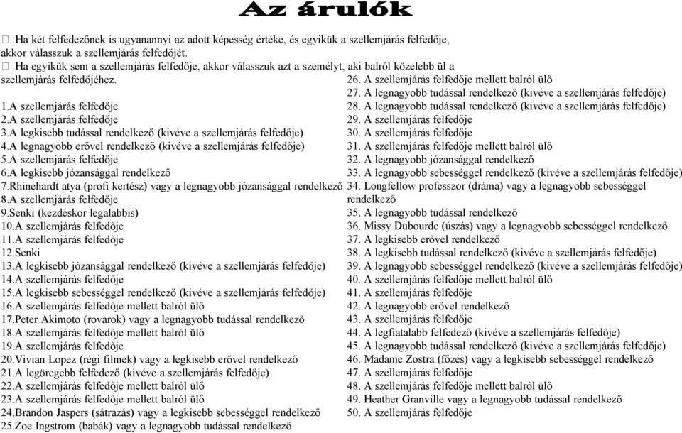 A legkisebb tudással rendelkező (kivéve a szellemjárás felfedője) 4.A legnagyobb erővel rendelkező (kivéve a szellemjárás felfedője) 5.A szellemjárás felfedője 6.A legkisebb józansággal rendelkező 7.