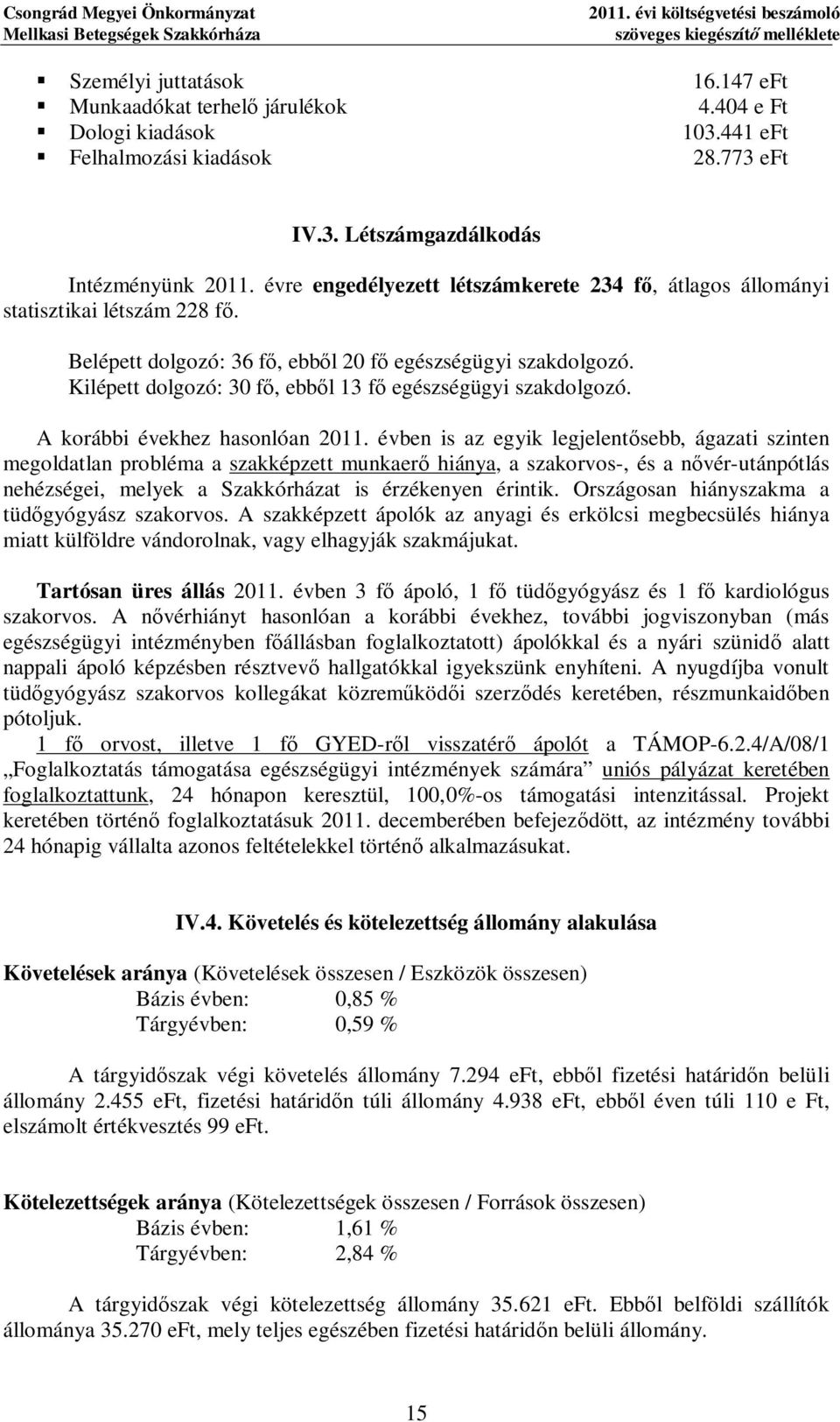 Belépett dolozó: 36 f, ebb l 20 f eészséüyi szakdolozó. Kilépett dolozó: 30 f, ebb l 13 f eészséüyi szakdolozó. A korábbi évekhez hasonlóan 2011.