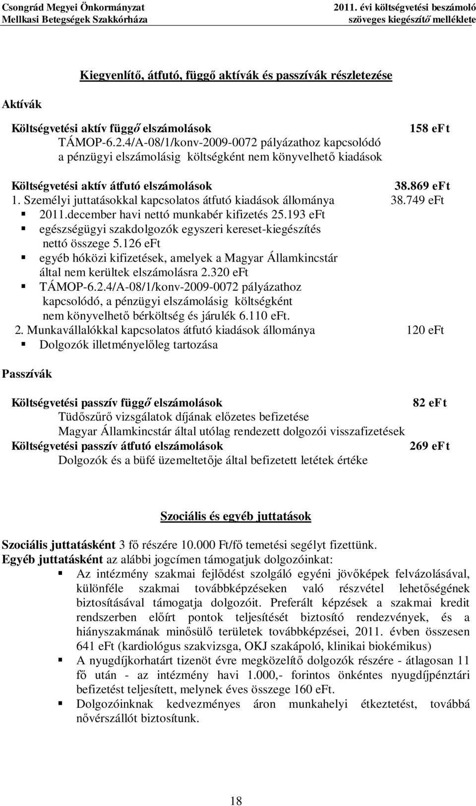 4/A-08/1/konv-2009-0072 pályázathoz kapcsolódó a pénzüyi elszámolási költséként nem könyvelhet kiadások 158 eft Költsévetési aktív átfutó elszámolások 38.869 eft 1.