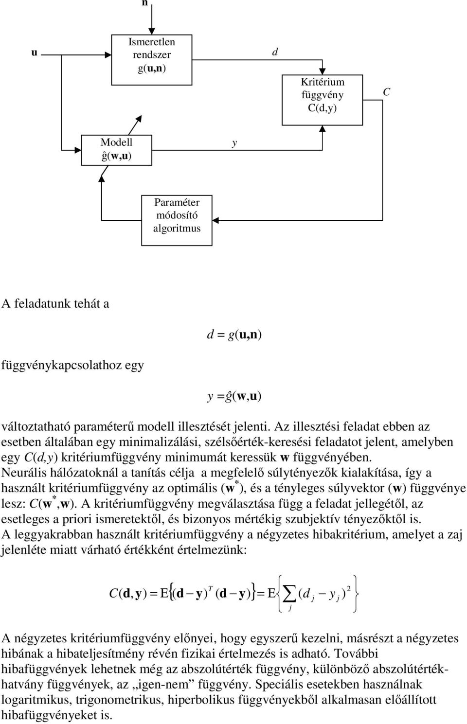 Neuráls hálózatoknál a tanítás célja a megfelel súlytényezk kalakítása, így a használt krtérumfüggvény az optmáls (w * ), és a tényleges súlyvektor (w) függvénye lesz: C(w *,w).