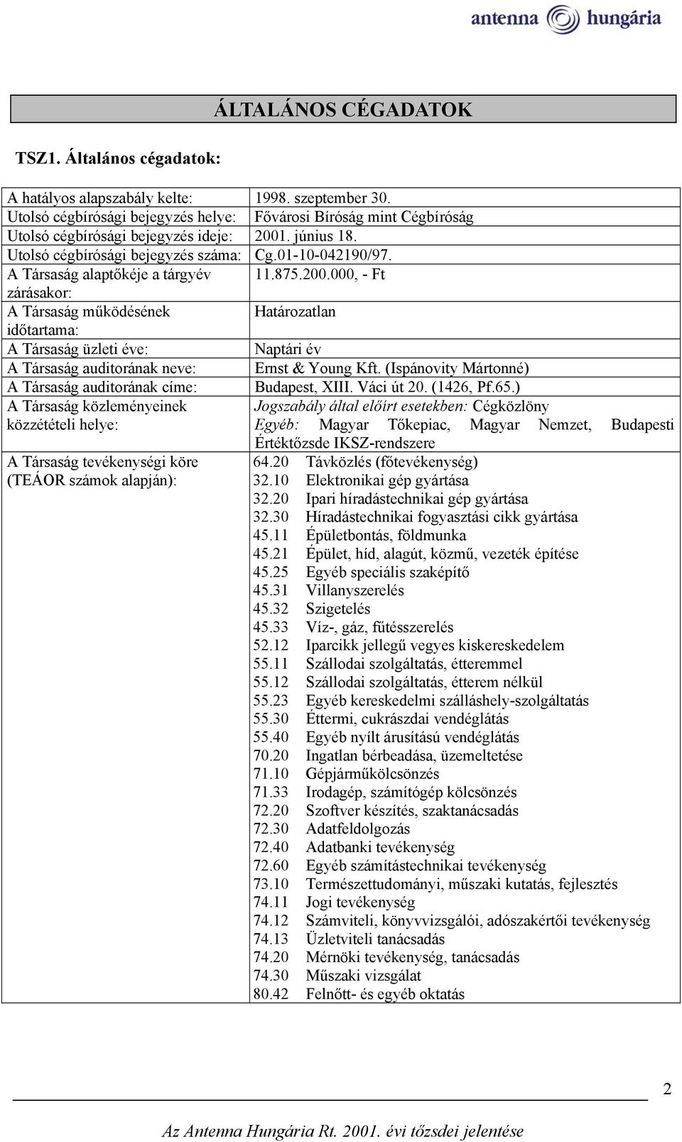 A Társaság alaptőkéje a tárgyév 11.875.200.000, - Ft zárásakor: A Társaság működésének Határozatlan időtartama: A Társaság üzleti éve: Naptári év A Társaság auditorának neve: Ernst & Young Kft.