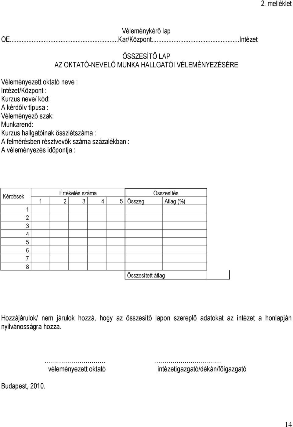 Véleményező szak: Munkarend: Kurzus hallgatóinak összlétszáma : A felmérésben résztvevők száma százalékban : A véleményezés időpontja : Kérdések 1 2 3 4 5 6