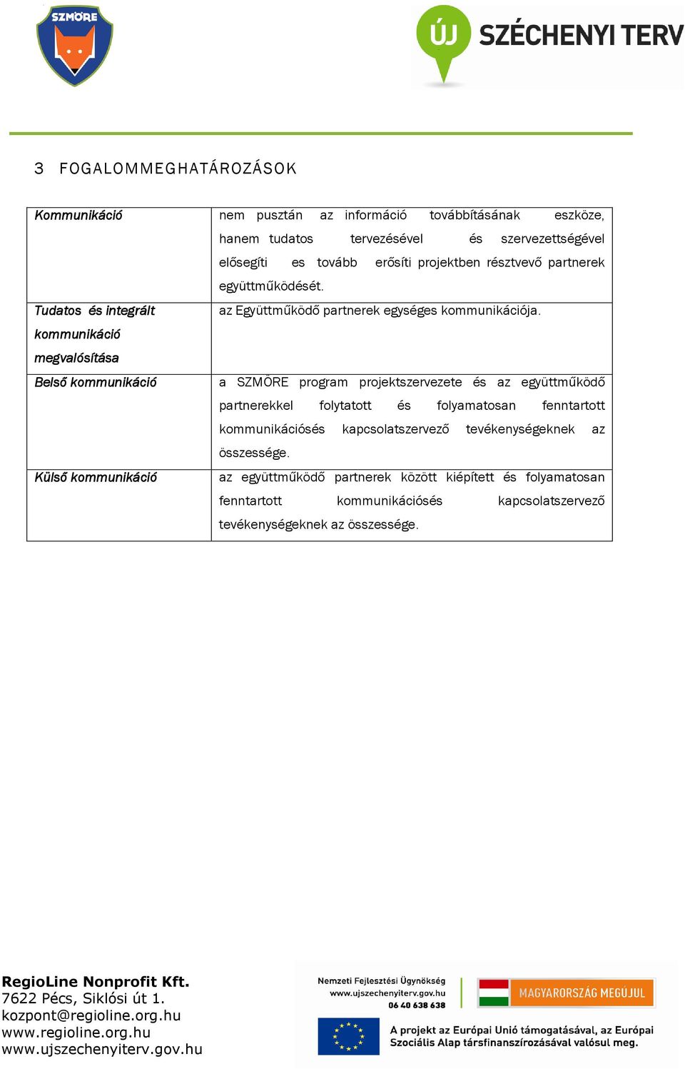 kommunikáció megvalósítása Belső kommunikáció a SZMÖRE program projektszervezete és az együttműködő partnerekkel folytatott és folyamatosan fenntartott