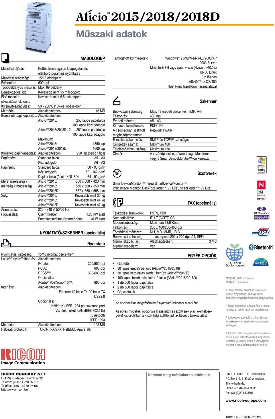 Bemeneti papírkapacitás: Alapkiépítésben: Aficio 2015: 250 lapos papírtálca 100 lapos kézi adagoló Aficio 2018/2018D: 2 db 250 lapos papírtálca 100 lapos kézi adagoló Maximum: Aficio 2015: 1350 lap