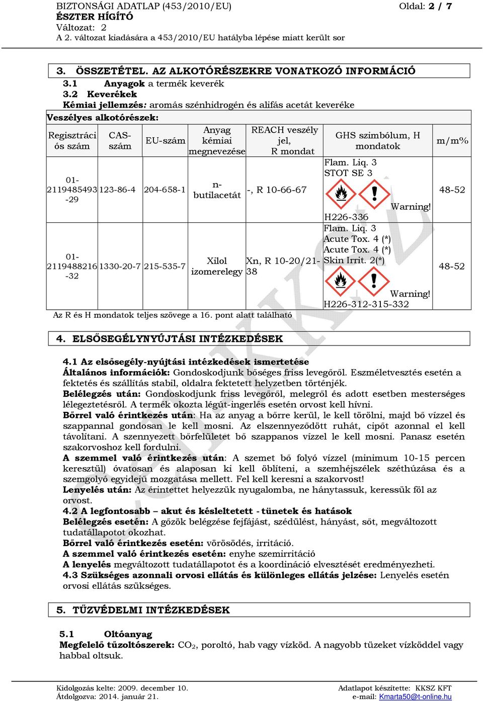 215-535-7-32 Anyag kémiai megnevezése n- butilacetát REACH veszély jel, R mondat -, R 10-66-67 Xilol Xn, R 10-20/21- izomerelegy 38 GHS szimbólum, H mondatok Flam. Liq. 3 STOT SE 3 H226-336 Flam. Liq. 3 Acute Tox.