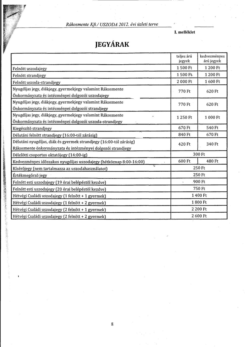 valamint Rákosmente Önkormányzata és intézményei dolgozói strandjegy Nyugdíjas jegy, diákjegy, gyermekjegy valamint Rákosmente,.