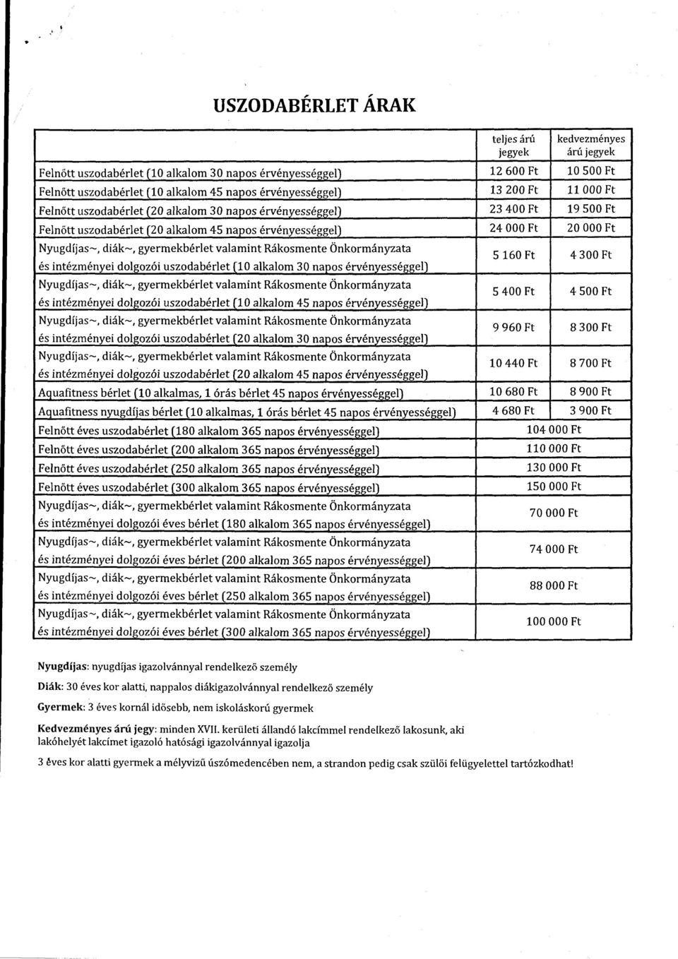 napos érvényességgel) és intézményei dolgozói uszodabérlet [20 alkalom 30 napos érvény_essé_ggel} és intézményei dolgozói uszodabérlet (20 alkalom 45 n~os érvényességgel) Aquafitness bérlet (10