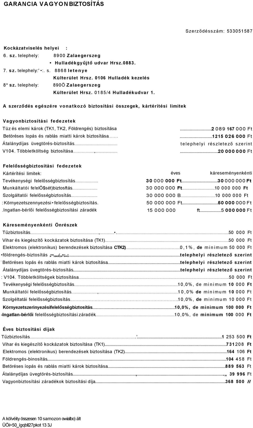 A szerződés egészére vonatkozó biztosítási összegek, kártérítési limitek Vagyonbiztosítási fedezetek Tüz és elemi károk (TK1, TK2, Földrengés) biztosítása Betöréses lopás és rablás miatti károk