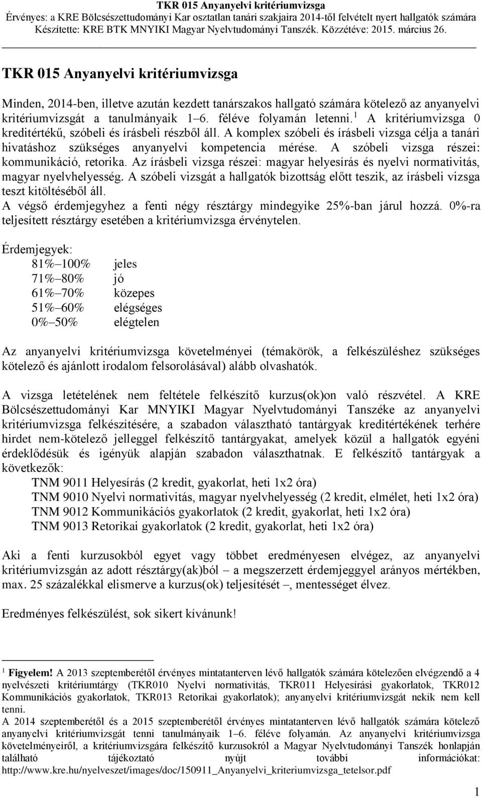 A szóbeli vizsga részei: kommunikáció, retorika. Az írásbeli vizsga részei: magyar helyesírás és nyelvi normativitás, magyar nyelvhelyesség.