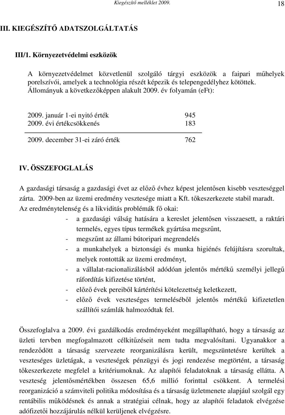 Állományuk a következőképpen alakult 2009. év folyamán (eft): 2009. január 1-ei nyitó érték 945 2009. évi értékcsökkenés 183 2009. december 31-ei záró érték 762 IV.