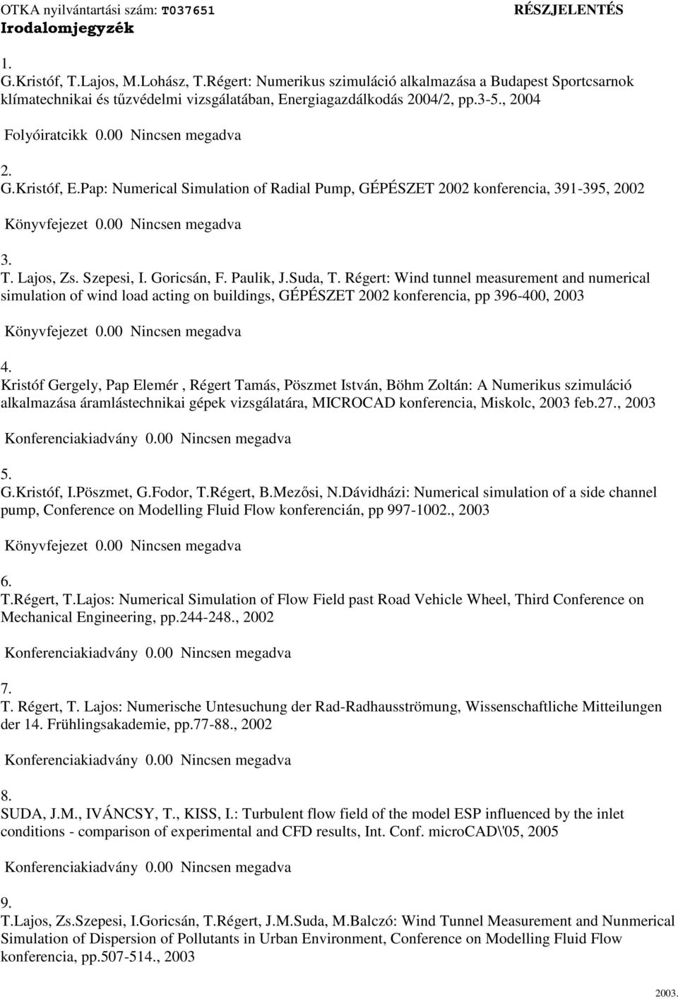 Szepesi, I. Goricsán, F. Paulik, J.Suda, T. Régert: Wind tunnel measurement and numerical simulation of wind load acting on buildings, GÉPÉSZET 2002 konferencia, pp 396-400, 2003 Könyvfejezet 0.