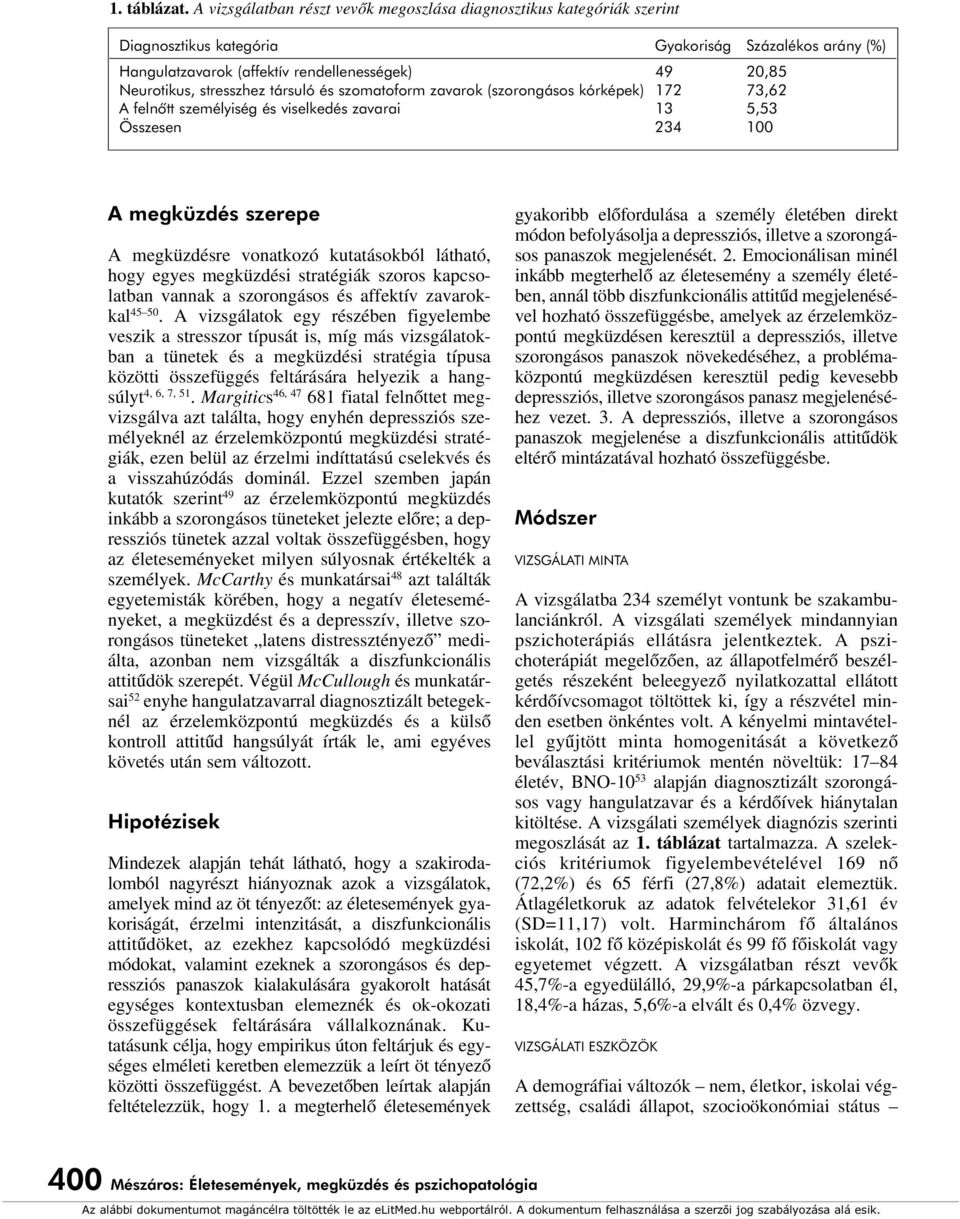 stresszhez társuló és szomatoform zavarok (szorongásos kórképek) 172 73,62 A felnôtt személyiség és viselkedés zavarai 13 5,53 Összesen 234 100 A megküzdés szerepe A megküzdésre vonatkozó