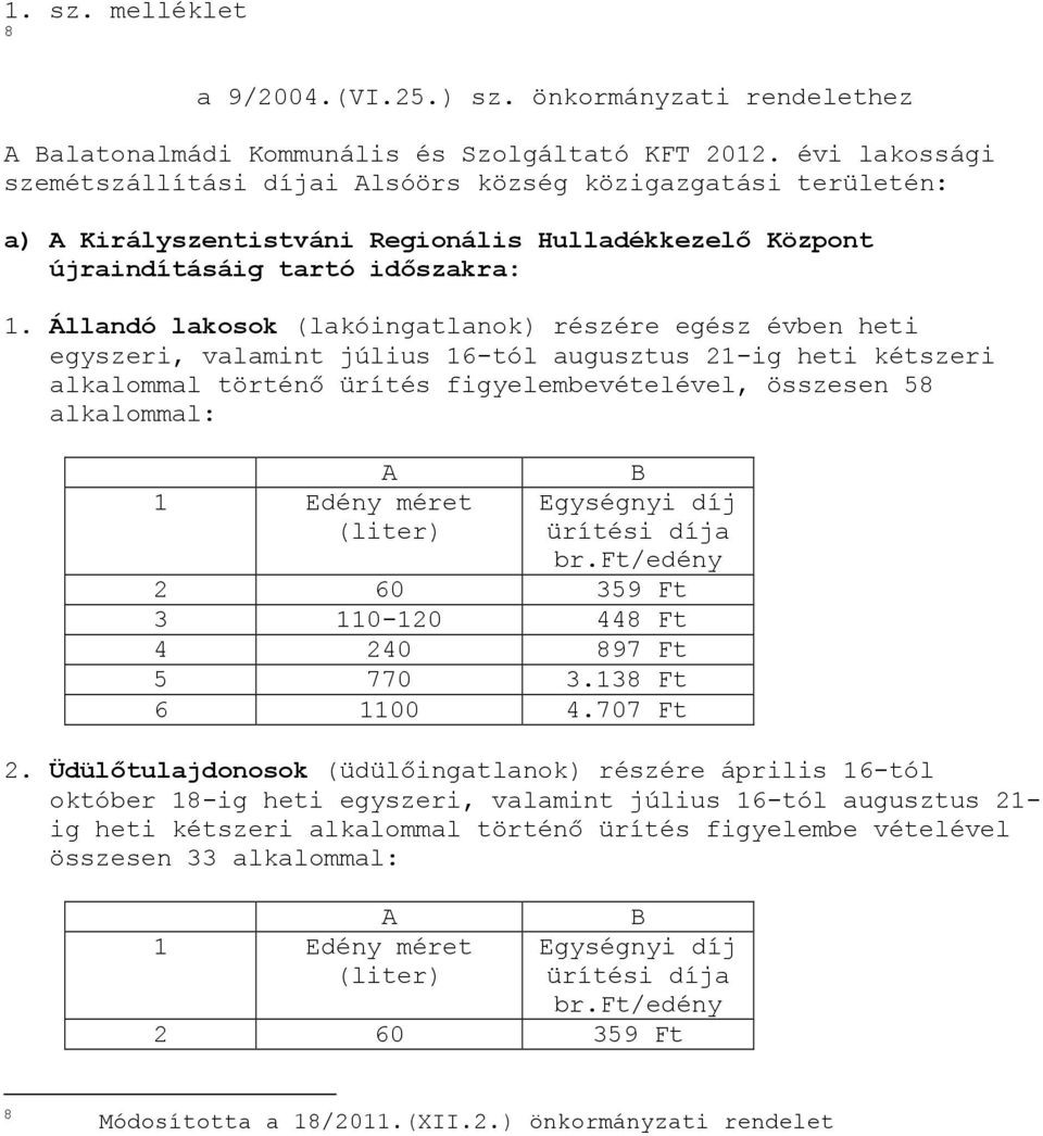 Állandó lakosok (lakóingatlanok) részére egész évben heti egyszeri, valamint július 16-tól augusztus 21-ig heti kétszeri alkalommal történő ürítés figyelembevételével, összesen 58 alkalommal: A 1