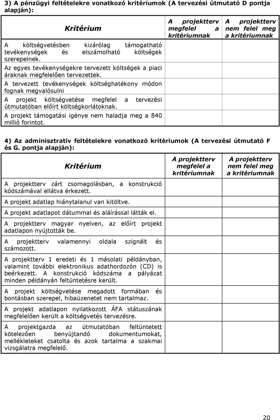 A tervezett tevékenységek költséghatékony módon fognak megvalósulni A projekt költségvetése megfelel a tervezési útmutatóban elıírt költségkorlátoknak.