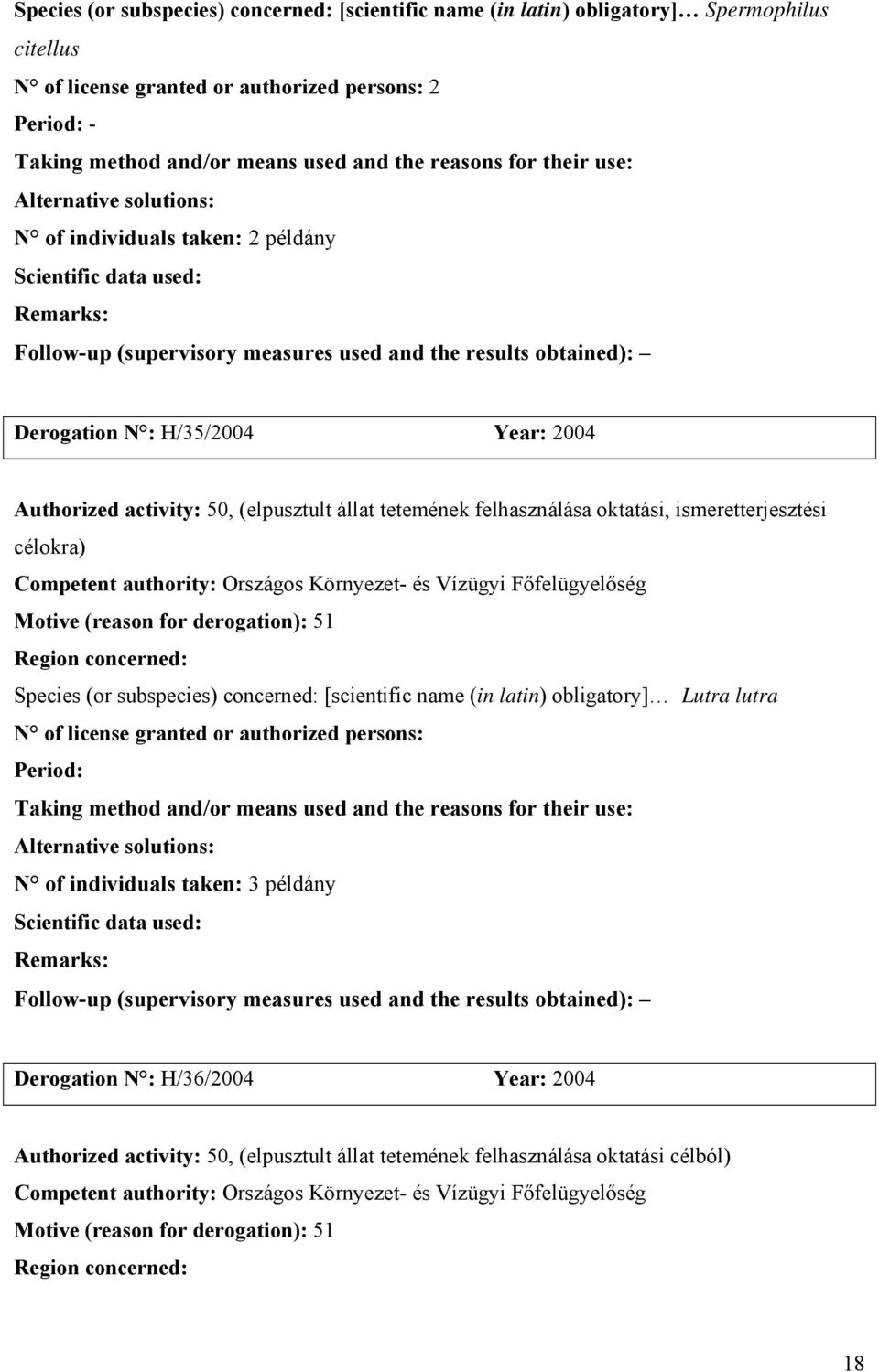 Region concerned: Species (or subspecies) concerned: [scientific name (in latin) obligatory] Lutra lutra Period: N of individuals taken: 3 példány Derogation N : H/36/2004