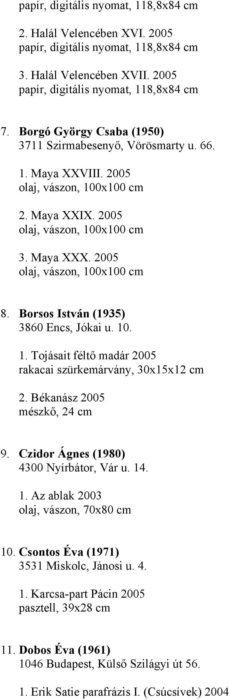 Békanász 2005 mészkő, 24 cm 9. Czidor Ágnes (1980) 4300 Nyírbátor, Vár u. 14. 1. Az ablak 2003 olaj, vászon, 70x80 cm 10. Csontos Éva (1971) 3531 Miskolc, Jánosi u. 4. 1. Karcsa-part Pácin 2005 pasztell, 39x28 cm 11.