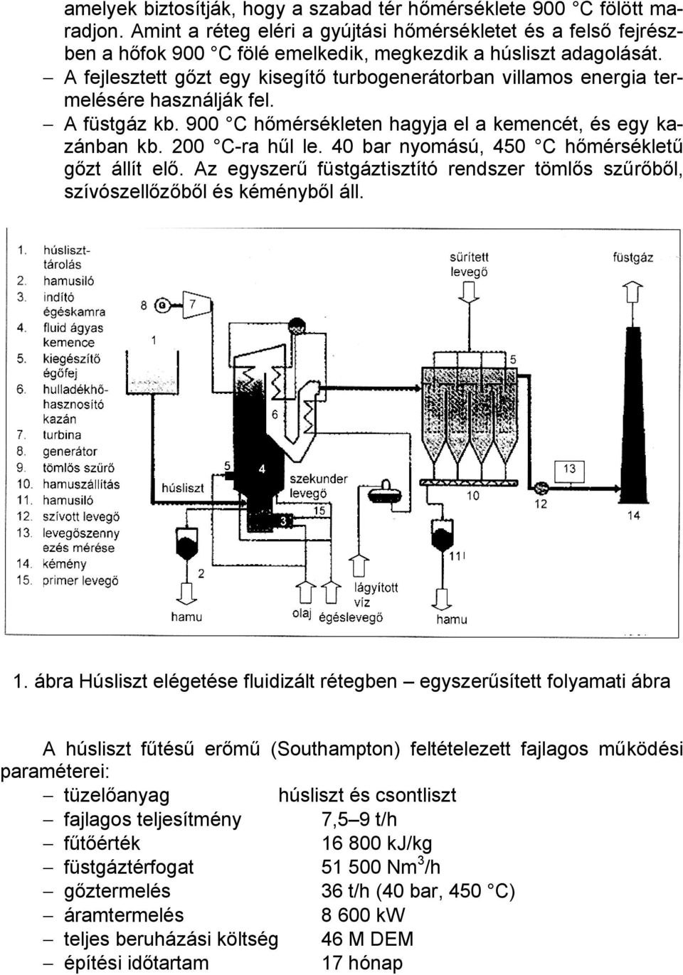 A fejlesztett gőzt egy kisegítő turbogenerátorban villamos energia termelésére használják fel. A füstgáz kb. 900 C hőmérsékleten hagyja el a kemencét, és egy kazánban kb. 200 C-ra hűl le.