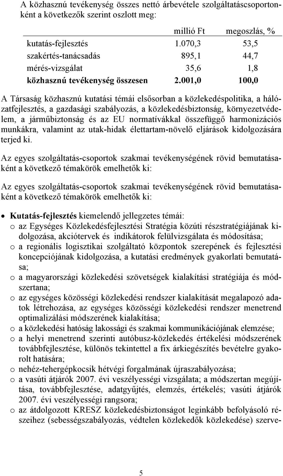 001,0 100,0 A Társaság közhasznú kutatási témái elsősorban a közlekedéspolitika, a hálózatfejlesztés, a gazdasági szabályozás, a közlekedésbiztonság, környezetvédelem, a járműbiztonság és az EU