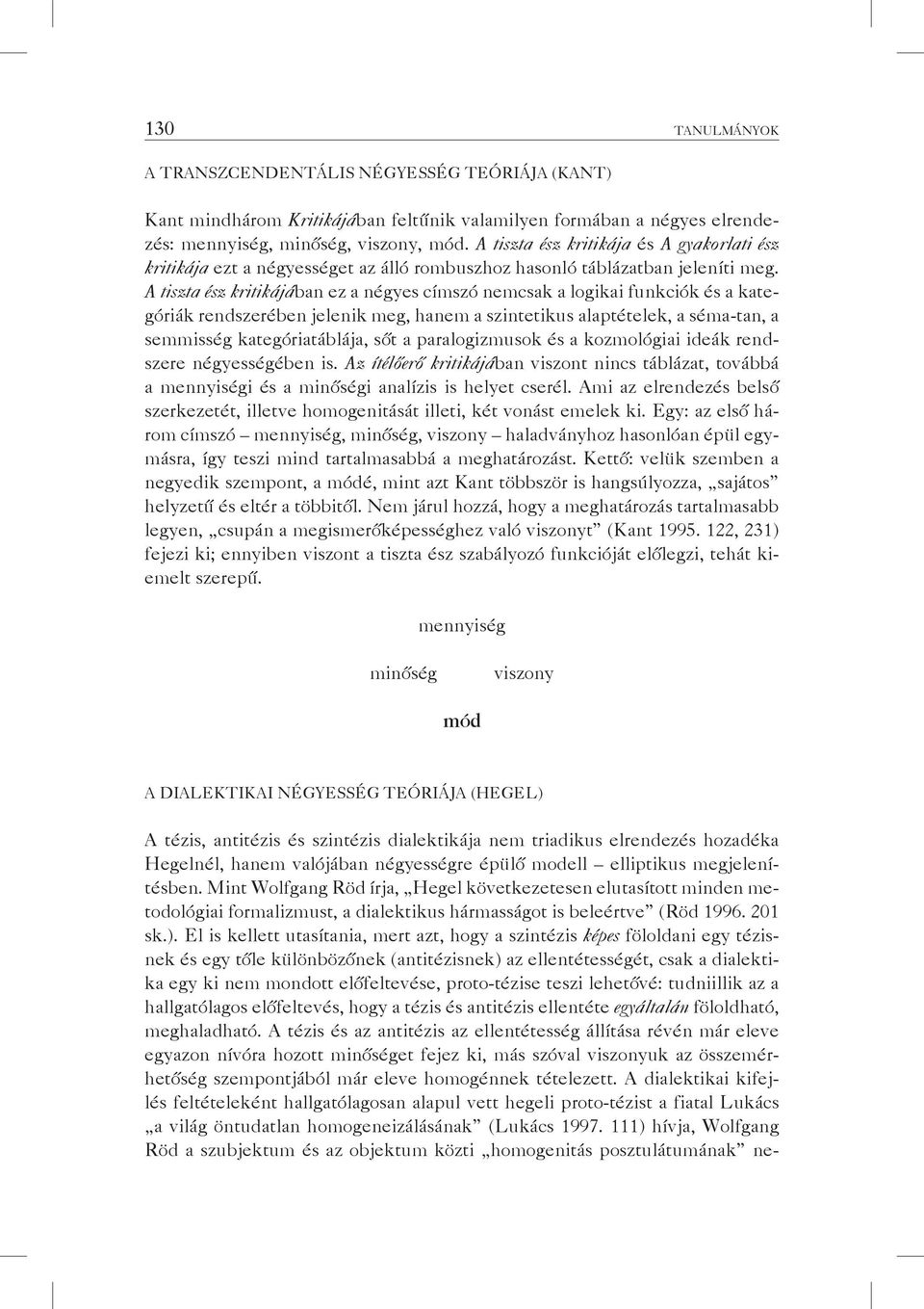 A tiszta ész kritikájában ez a négyes címszó nemcsak a logikai funkciók és a kategóriák rendszerében jelenik meg, hanem a szintetikus alaptételek, a séma-tan, a semmisség kategóriatáblája, sőt a