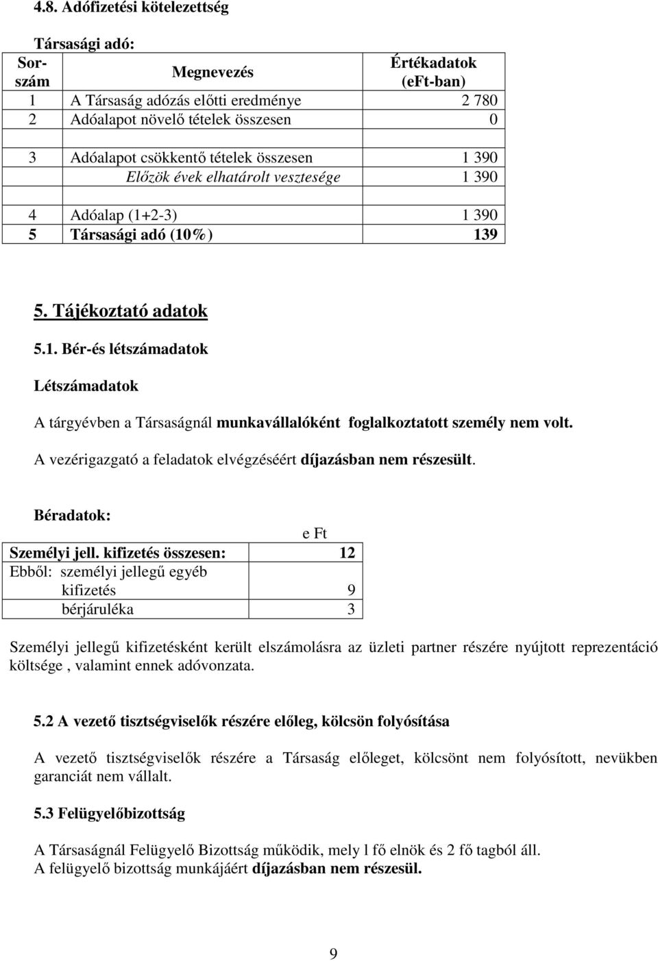 A vezérigazgató a feladatok elvégzéséért díjazásban nem részesült. Béradatok: e Ft Személyi jell.