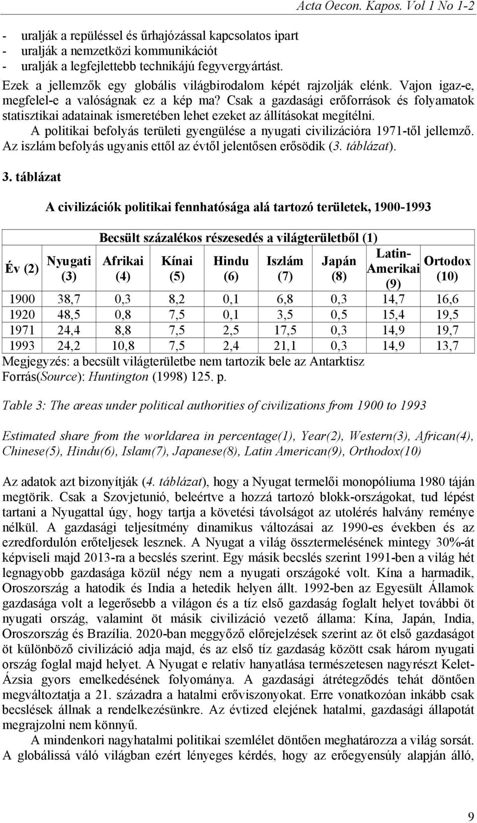 Csak a gazdasági erőforrások és folyamatok statisztikai adatainak ismeretében lehet ezeket az állításokat megítélni. A politikai befolyás területi gyengülése a nyugati civilizációra 1971-től jellemző.