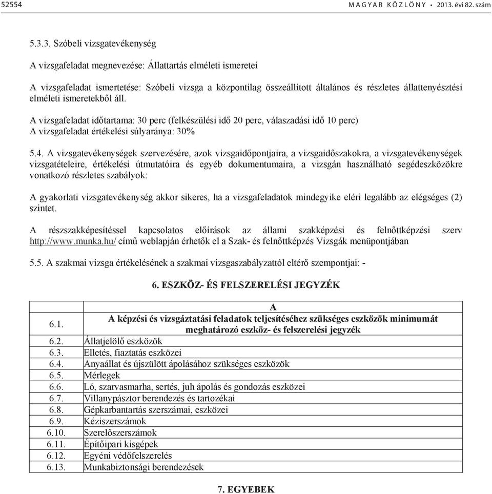 3. Szóbeli vizsgatevékenység vizsgafeladat megnevezése: Állattartás elméleti ismeretei vizsgafeladat ismertetése: Szóbeli vizsga a központilag összeállított általános és részletes állattenyésztési