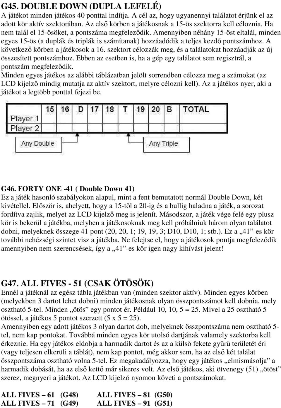 Amennyiben néhány 15-öst eltalál, minden egyes 15-ös (a duplák és triplák is számítanak) hozzáadódik a teljes kezdı pontszámhoz. A következı körben a játékosok a 16.