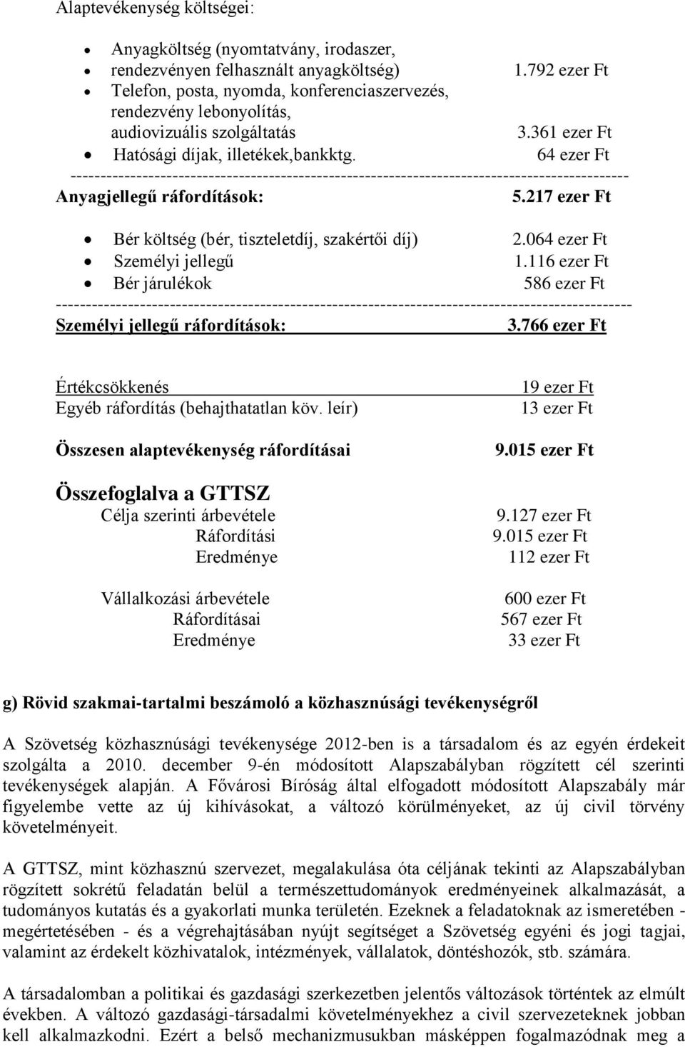 64 ezer Ft --------------------------------------------------------------------------------------------- Anyagjellegű ráfordítások: 5.217 ezer Ft Bér költség (bér, tiszteletdíj, szakértői díj) 2.