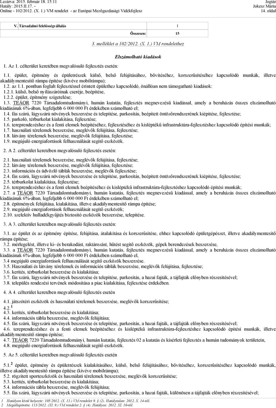 3. TEÁOR 7220 Társadalomtudományi, humán kutatás, fejlesztés megnevezésű kiadással, amely a beruházás összes elszámolható kiadásának 6%-ában, legfeljebb 6 000 000 Ft érdekében számolható el; 1.4.