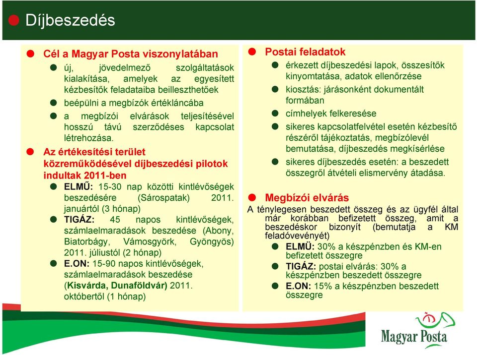 Az értékesítési terület közreműködésével díjbeszedési pilotok indultak 2011-ben ELMŰ: 15-30 nap közötti kintlévőségek beszedésére (Sárospatak) 2011.