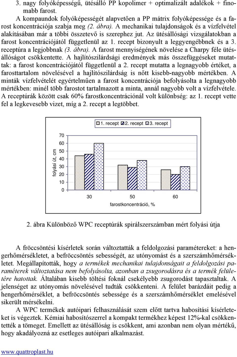 recept bizonyult a leggyengébbnek és a 3. receptúra a legjobbnak (3. ábra). A farost mennyiségének növelése a Charpy féle ütésállóságot csökkentette.