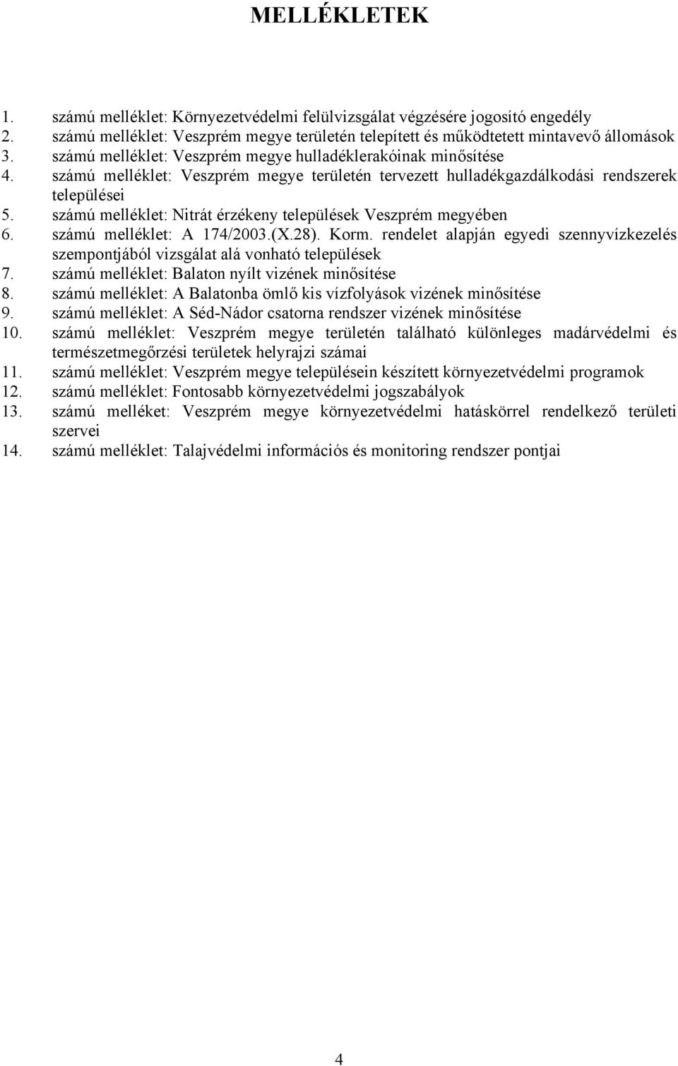 számú melléklet: Nitrát érzékeny települések Veszprém megyében 6. számú melléklet: A 174/2003.(X.28). Korm. rendelet alapján egyedi szennyvízkezelés szempontjából vizsgálat alá vonható települések 7.