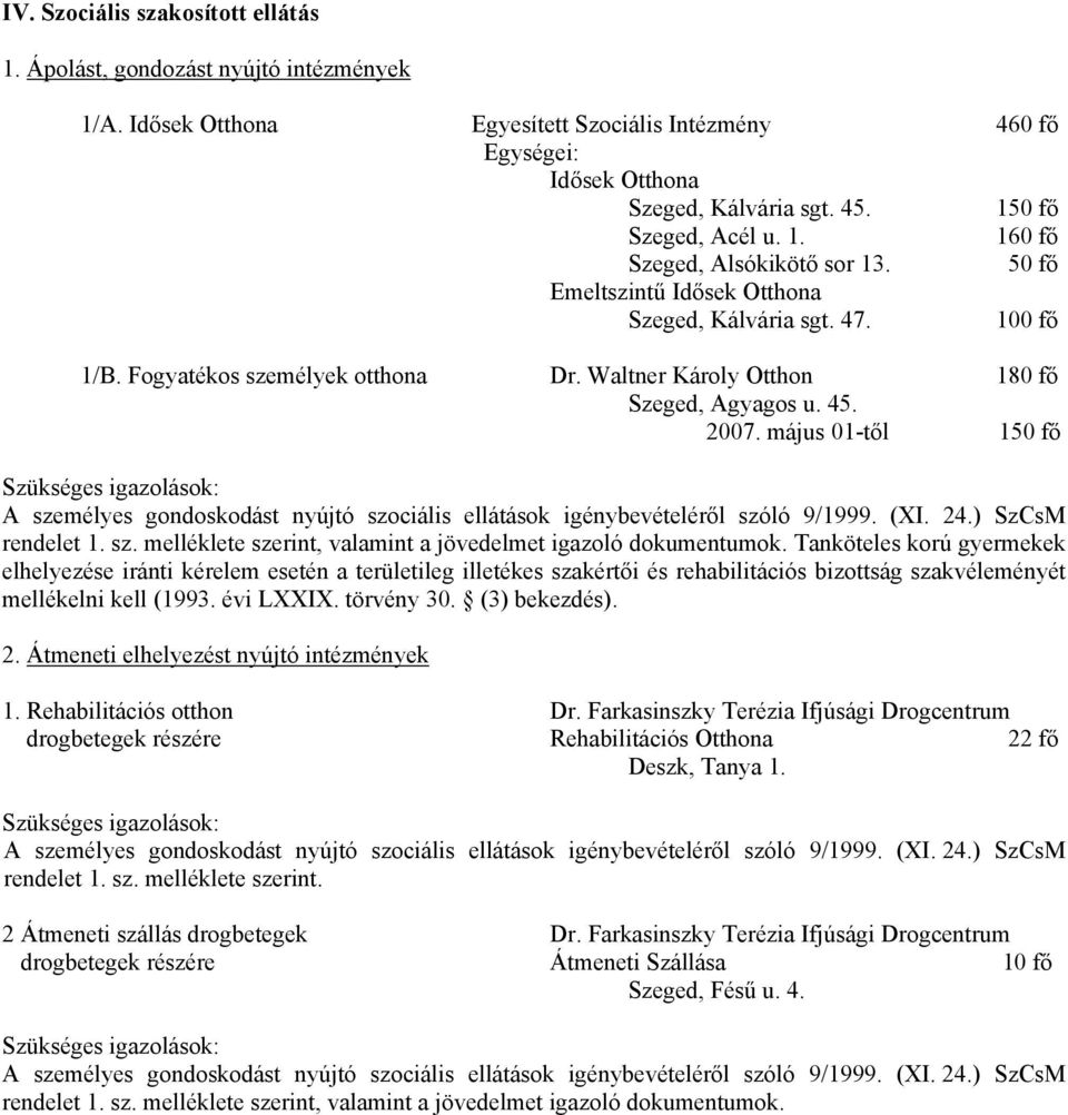 Waltner Károly Otthon 180 fő Szeged, Agyagos u. 45. 2007. május 01-től 150 fő A személyes gondoskodást nyújtó szociális ellátások igénybevételéről szóló 9/1999. (XI. 24.) SzCsM rendelet 1. sz. melléklete szerint, valamint a jövedelmet igazoló dokumentumok.