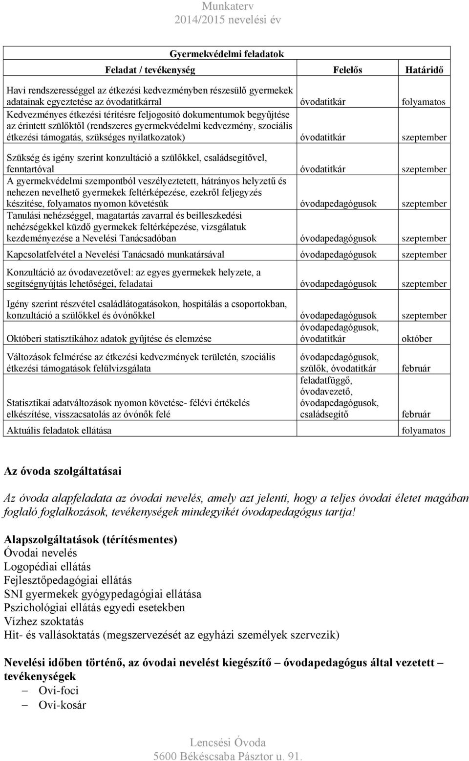 szeptember Szükség és igény szerint konzultáció a szülőkkel, családsegítővel, fenntartóval óvodatitkár szeptember A gyermekvédelmi szempontból veszélyeztetett, hátrányos helyzetű és nehezen nevelhető