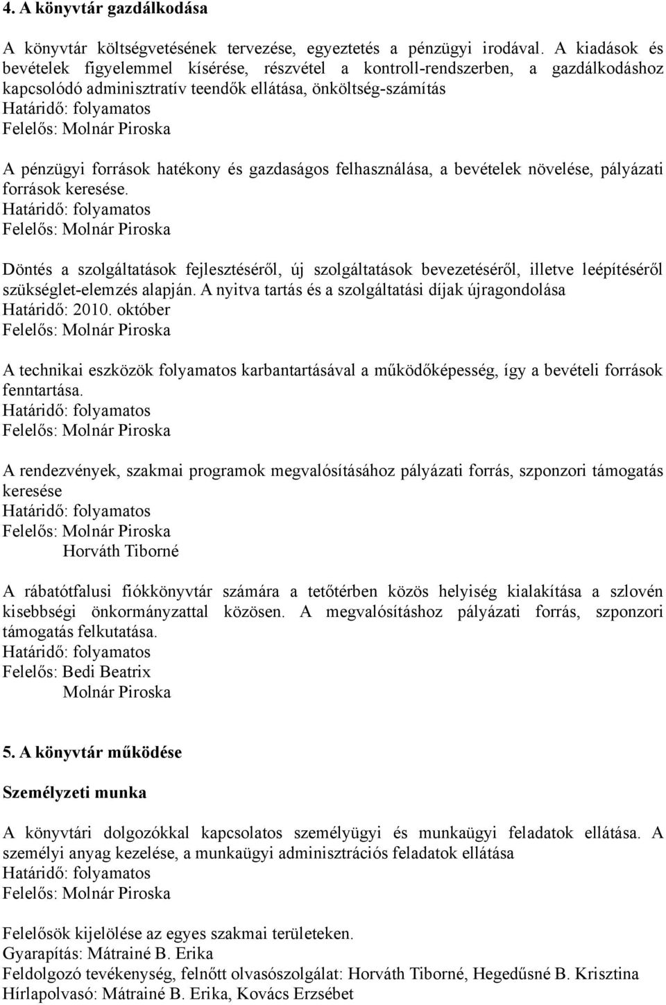 Piroska A pénzügyi források hatékony és gazdaságos felhasználása, a bevételek növelése, pályázati források keresése.