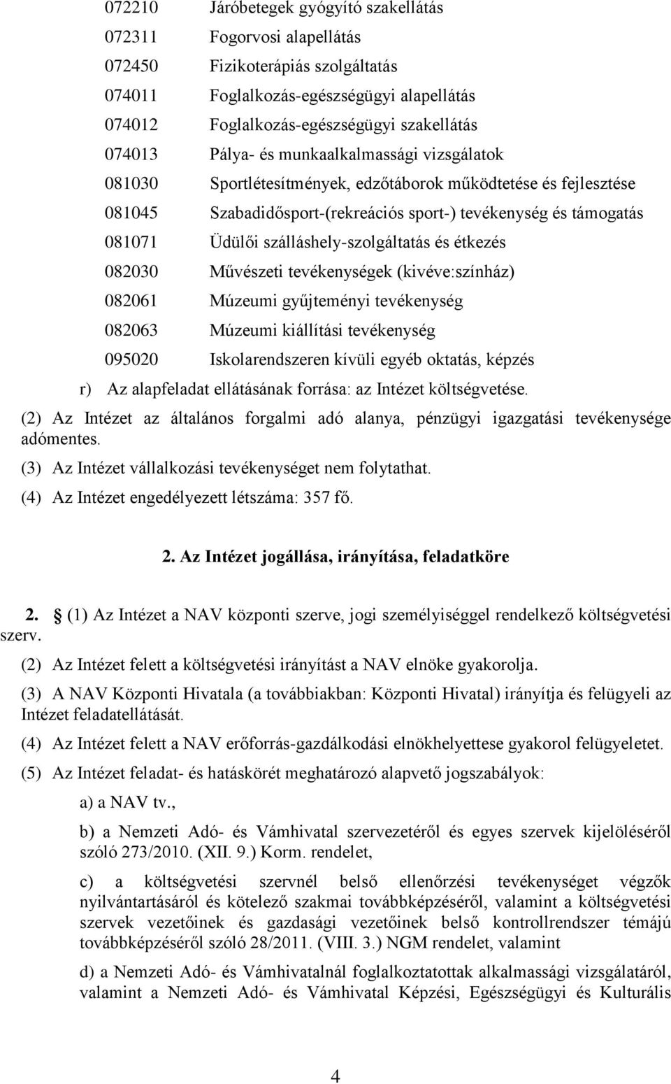 szálláshely-szolgáltatás és étkezés 082030 Művészeti tevékenységek (kivéve:színház) 082061 Múzeumi gyűjteményi tevékenység 082063 Múzeumi kiállítási tevékenység 095020 Iskolarendszeren kívüli egyéb