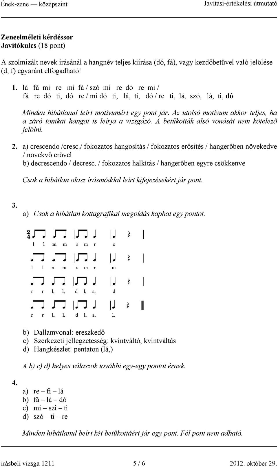 Az utolsó motívum akkor teljes, ha a záró tonikai hangot is leírja a vizsgázó. A betűkották alsó vonását nem kötelező jelölni. 2. a) crescendo /cresc.