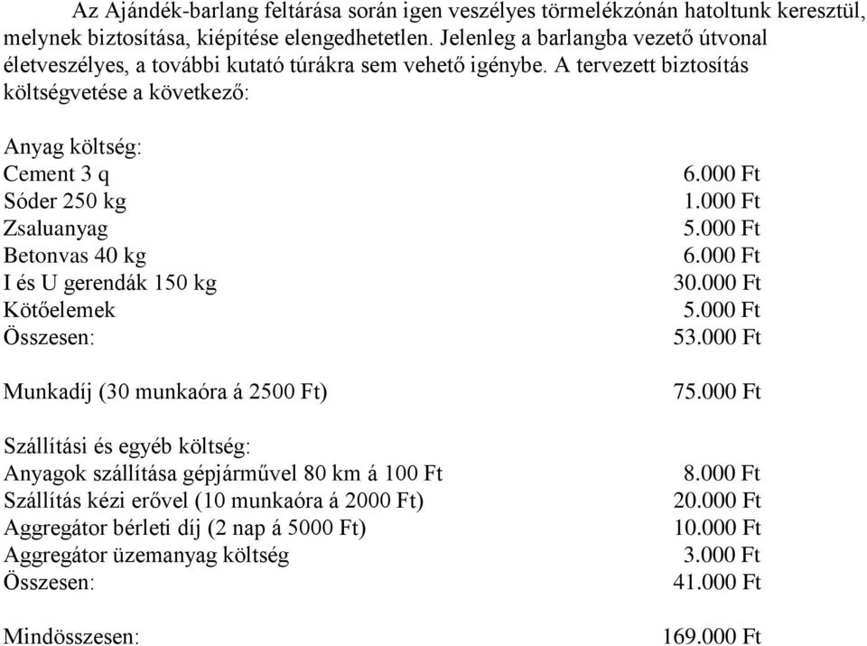 A tervezett biztosítás költségvetése a következő: Anyag költség: Cement 3 q Sóder 250 kg Zsaluanyag Betonvas 40 kg I és U gerendák 150 kg Kötőelemek Összesen: Munkadíj (30 munkaóra á 2500 Ft)