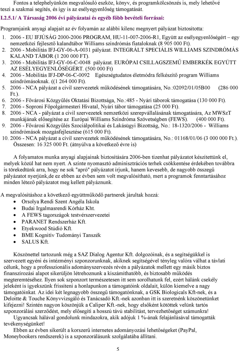 2006 - EU IFJÚSÁG 2000-2006 PROGRAM, HU-11-007-2006-R1, Együtt az esélyegyenlőségért egy nemzetközi fejlesztő kalandtábor Williams szindrómás fiataloknak (8 905 000 Ft). 2. 2006 - Mobilitás IFJ-GY-06-A-0031 pályázat.