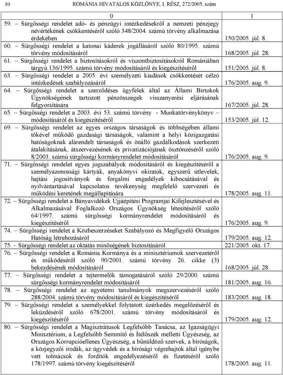 Sürgősségi rendelet a biztosításokról és viszontbiztosításokról Romániában tárgyú 136/1995. számú törvény módosításáról és kiegészítéséről 151/2005. júl. 8. 63. Sürgősségi rendelet a 2005.