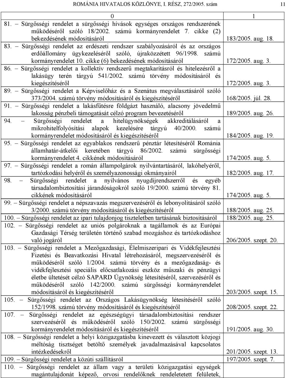 számú kormányrendelet 10. cikke (6) bekezdésének módosításáról 172/2005. aug. 3. 86. Sürgősségi rendelet a kollektív rendszerű megtakarításról és hitelezésről a lakásügy terén tárgyú 541/2002.