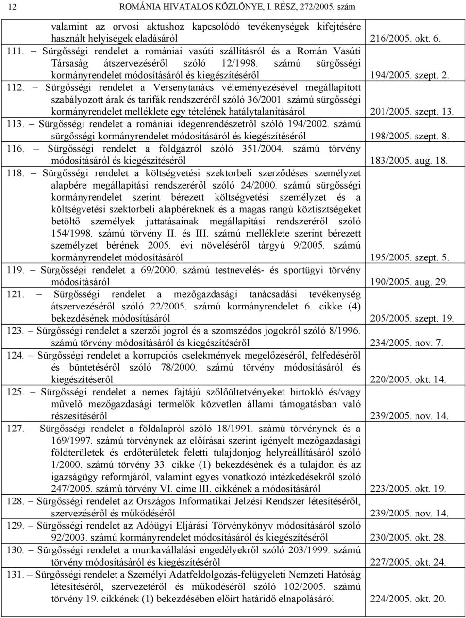 Sürgősségi rendelet a Versenytanács véleményezésével megállapított szabályozott árak és tarifák rendszeréről szóló 36/2001.