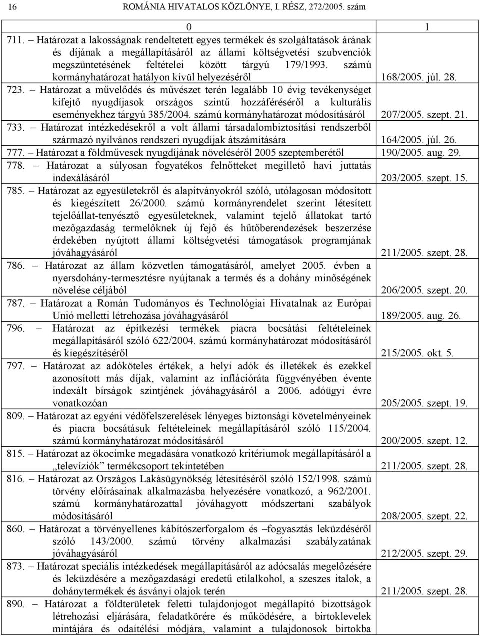 számú kormányhatározat hatályon kívül helyezéséről 168/2005. júl. 28. 723.