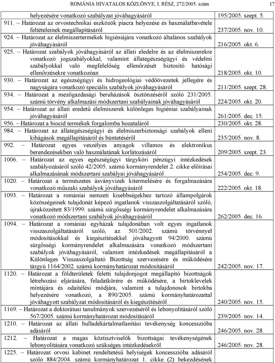 Határozat az élelmiszertermékek higiéniájára vonatkozó általános szabályok jóváhagyásáról 216/2005. okt. 6. 925.