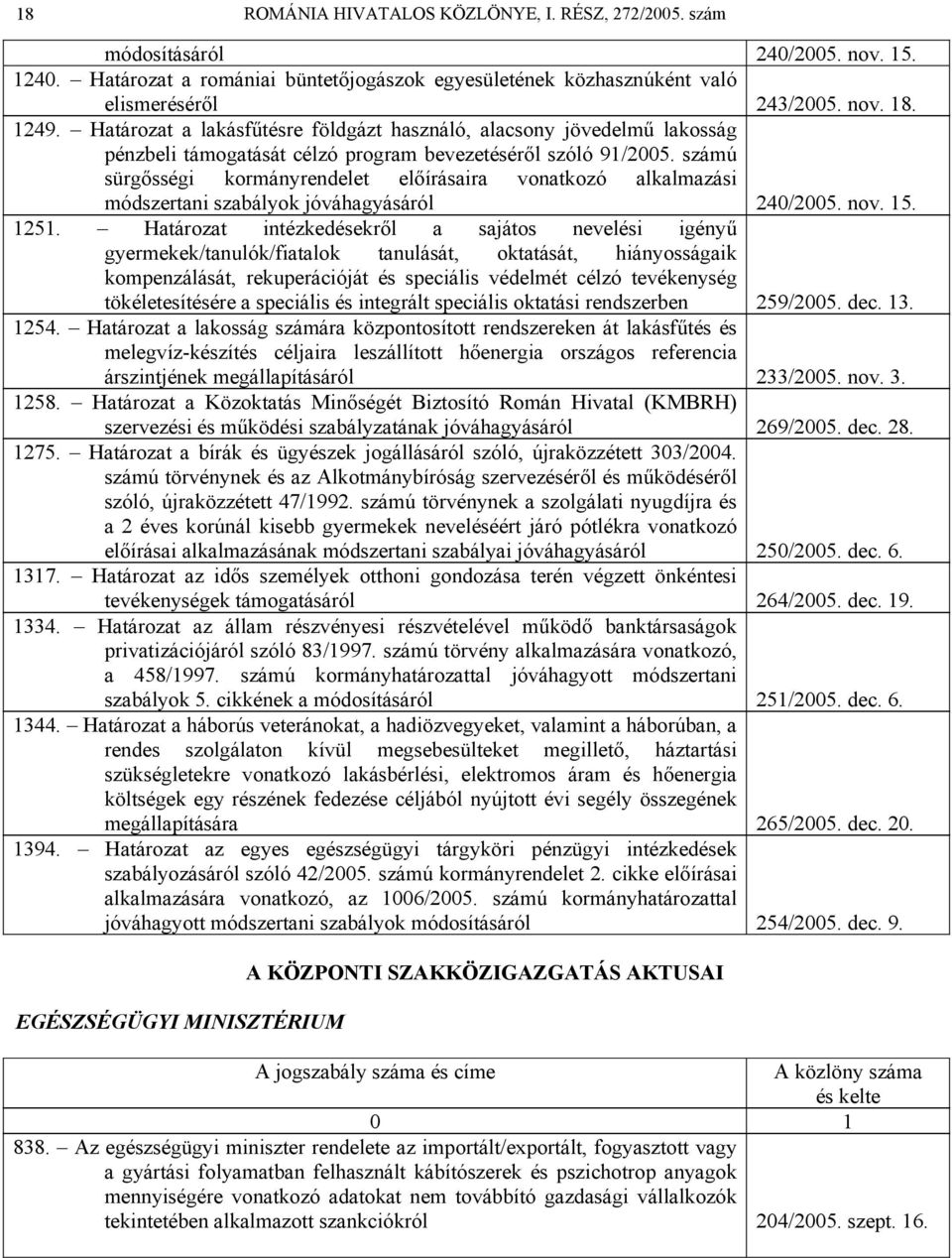 számú sürgősségi kormányrendelet előírásaira vonatkozó alkalmazási módszertani szabályok jóváhagyásáról 240/2005. nov. 15. 1251.