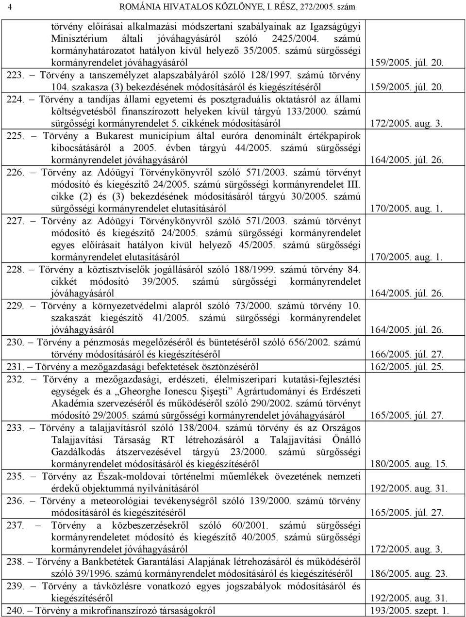 számú törvény 104. szakasza (3) bekezdésének módosításáról és kiegészítéséről 159/2005. júl. 20. 224.