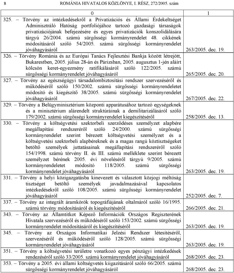 konszolidálására tárgyú 26/2004. számú sürgősségi kormányrendelet 48. cikkének módosításáról szóló 54/2005. számú sürgősségi kormányrendelet jóváhagyásáról 263/2005. dec. 19. 326.