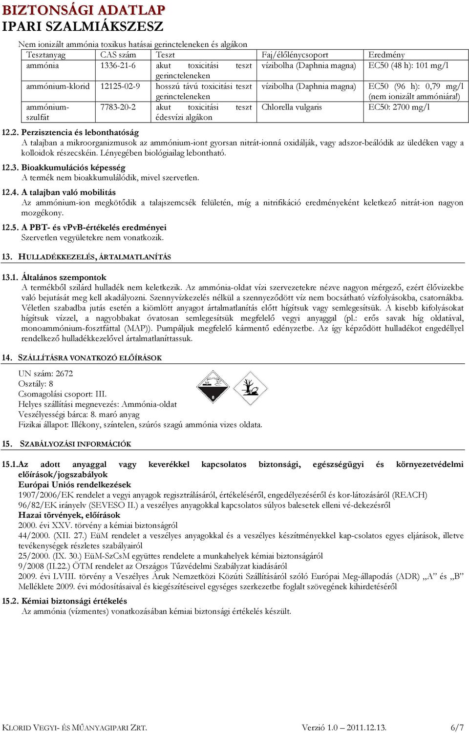 ) ammóniumszulfát 7783-20-2 akut toxicitási teszt Chlorella vulgaris EC50: 2700 mg/l édesvízi algákon 12.2. Perzisztencia és lebonthatóság A talajban a mikroorganizmusok az ammónium-iont gyorsan nitrát-ionná oxidálják, vagy adszor-beálódik az üledéken vagy a kolloidok részecskéin.