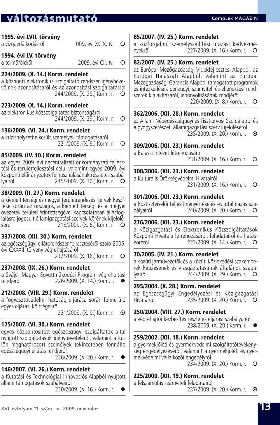 r. 223/2009. (X. 14.) Korm. rendelet az elektronikus közszolgáltatás biztonságáról 244/2009. (X. 29.) Korm. r. 136/2009. (VI. 24.) Korm. rendelet a krízishelyzetbe került személyek támogatásáról 221/2009.