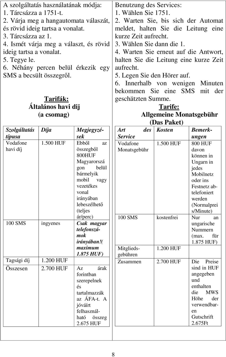 Tarifák: Általános havi dij (a csomag) Szolgáltatás Díja Megjegyzések típusa Vodafone 1.
